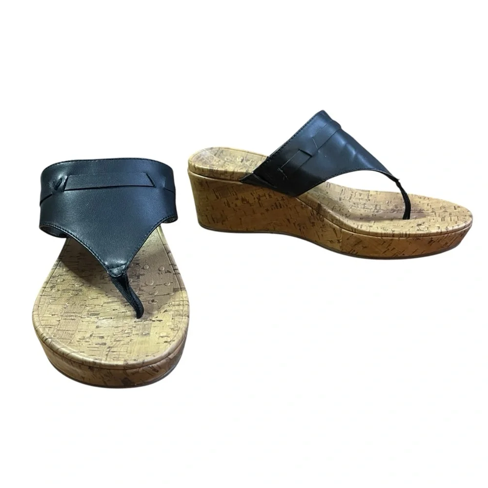 Vionic Anita Black Leather Orthotic Cork Wedge Sandals Comfort Women’s‎